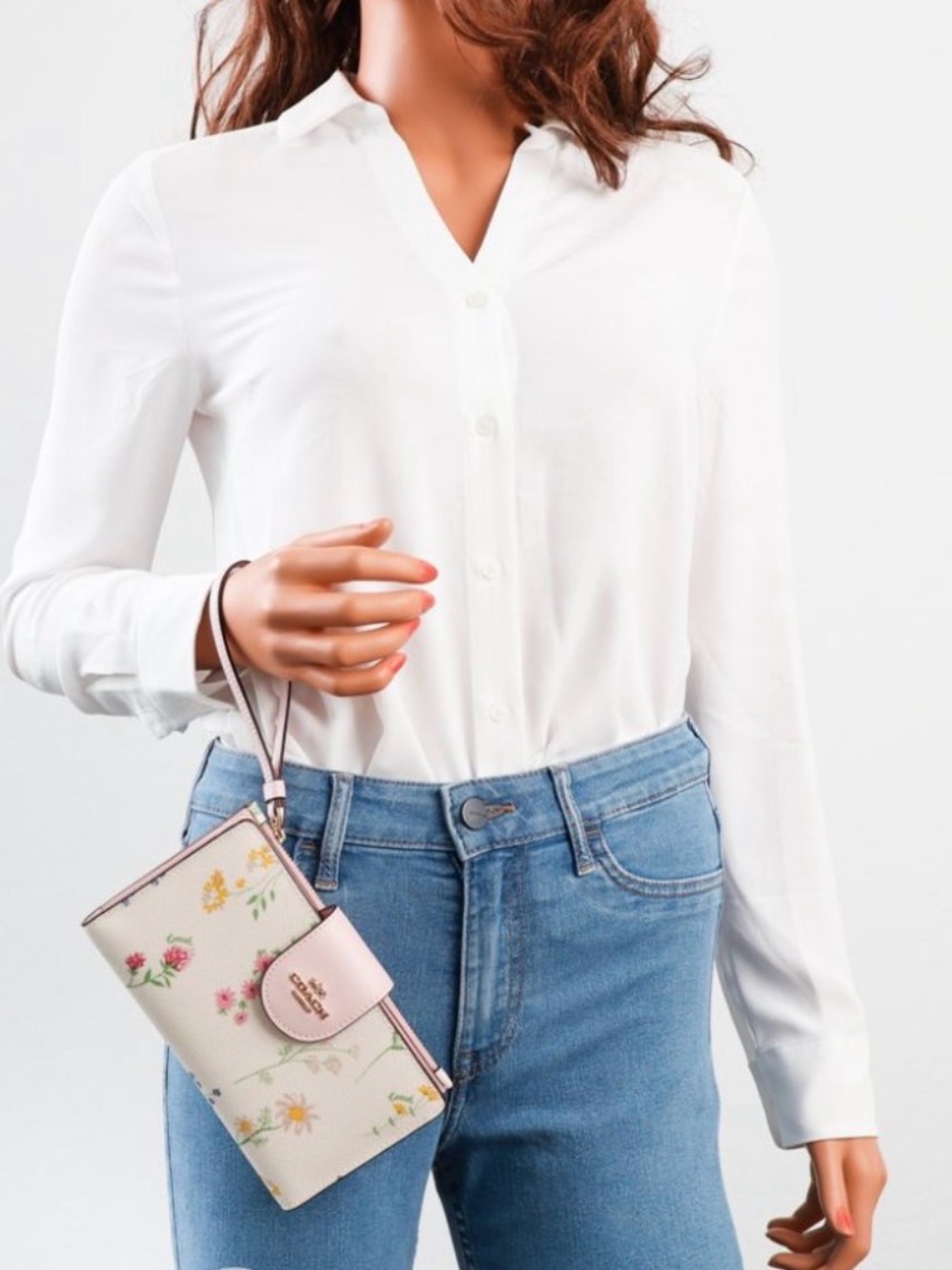 Coach Floral Wristlet Wallet — Cream with Light Pink Trim